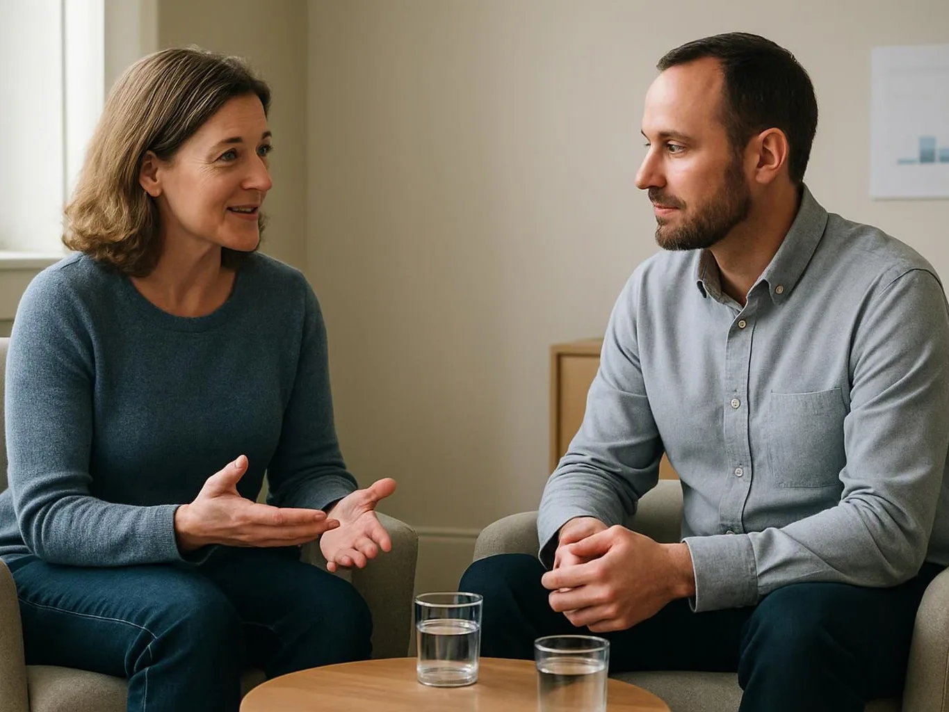 A woman and man sit facing each other and talk beside two water glasses in a quiet room