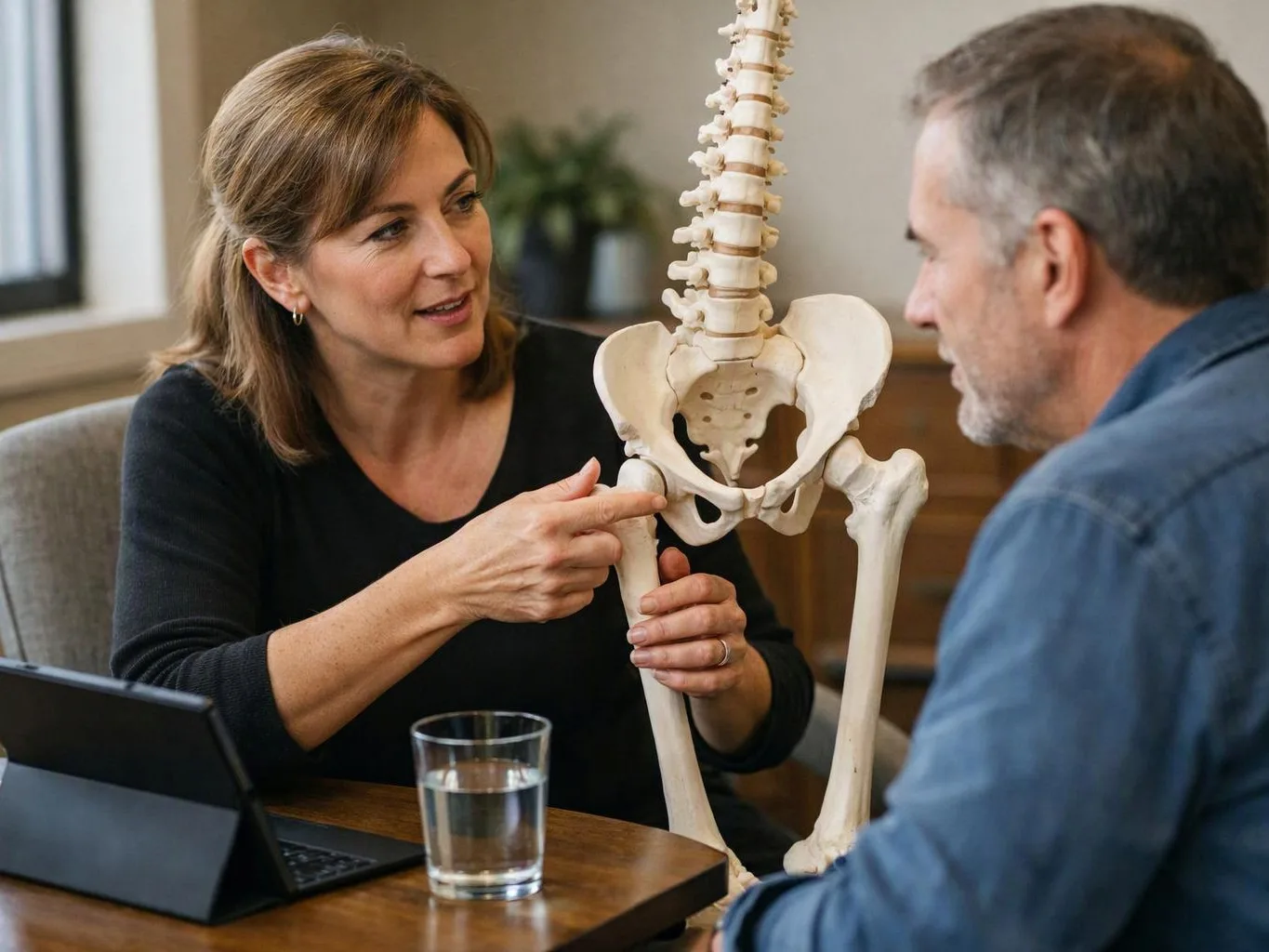 A woman points to a pelvis model while talking with a man across a table in a clinic-like room