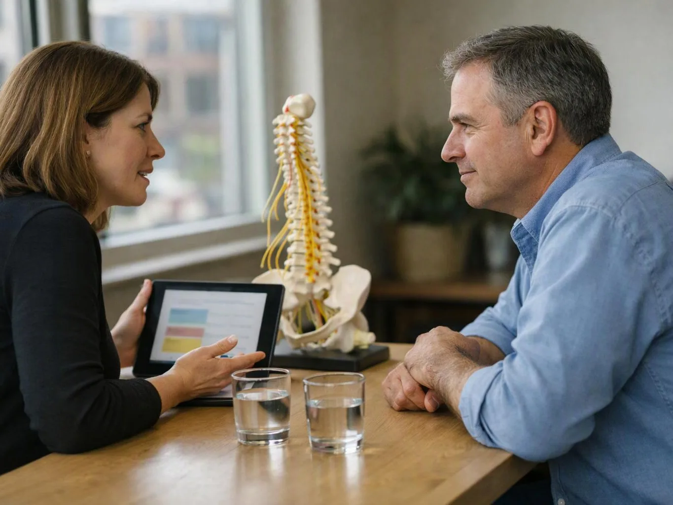 A woman shows a tablet to a man across a table, with a spine model and two water glasses nearby