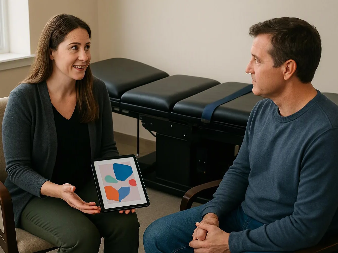 A woman shows a tablet to a seated man in a treatment room with an exam table behind them