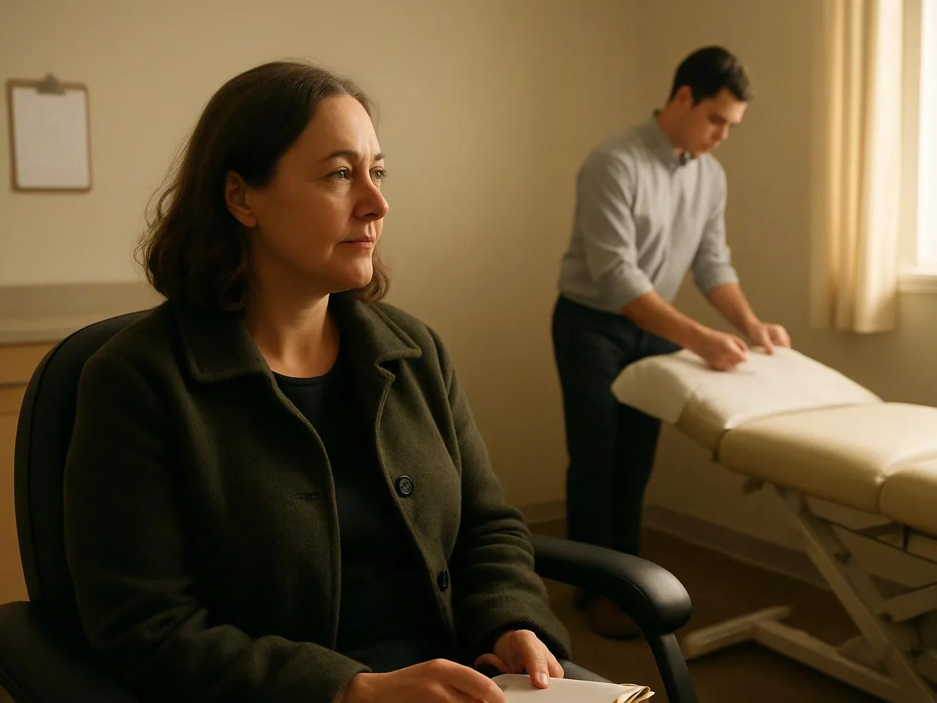 A woman sits in a chair while a man prepares an exam table in a quiet room