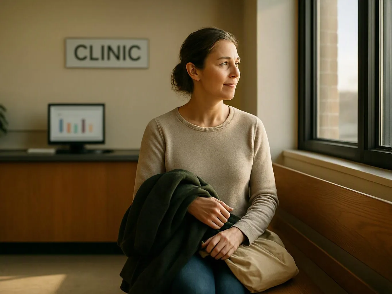 A woman sits on a clinic bench by a window, holding a coat and looking outside