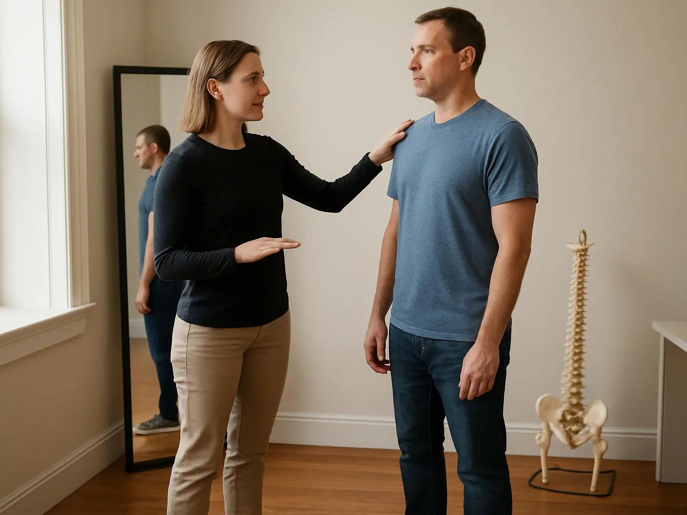 A woman stands beside a man in a room, touching his shoulder while a spine model and mirror sit behind them