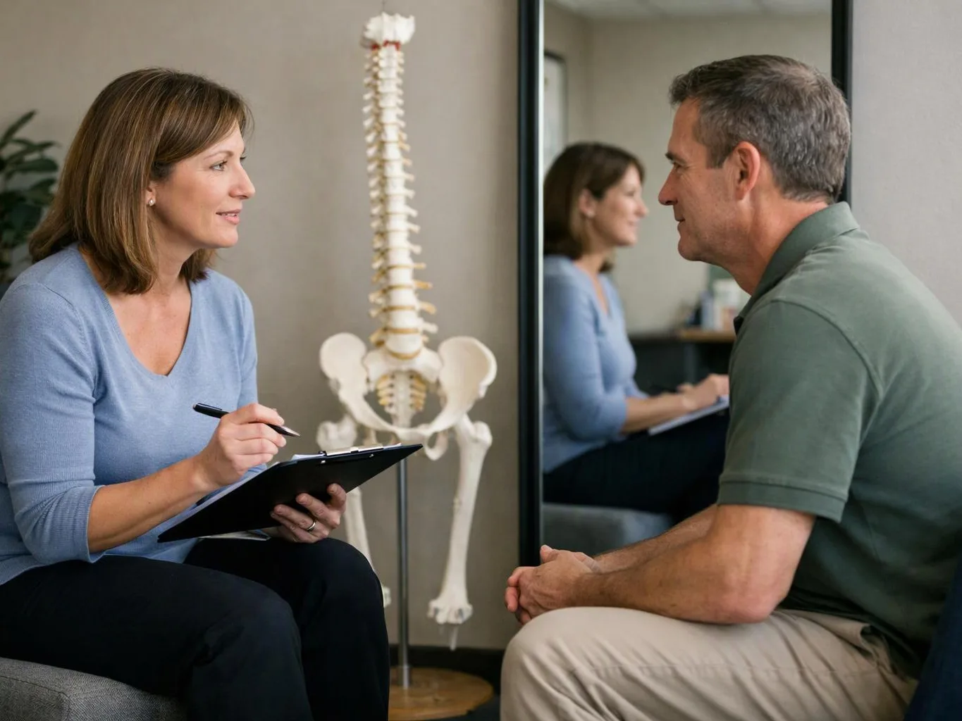 A woman takes notes while talking with a seated man beside a spine model in a clinic room