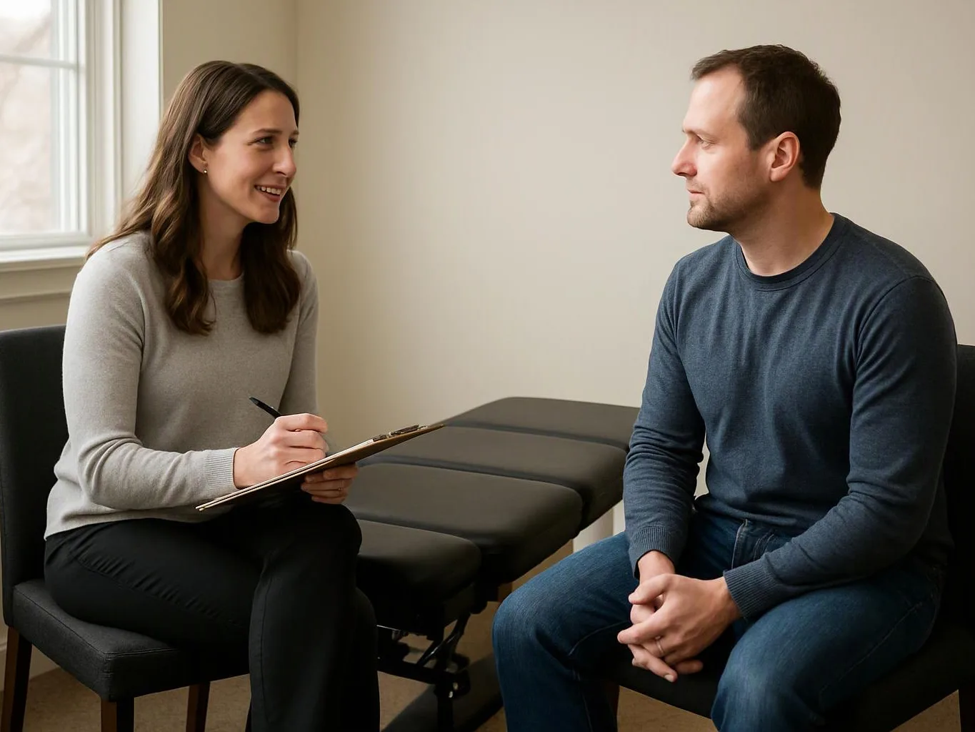 A woman takes notes while talking with a seated man in a bright exam room