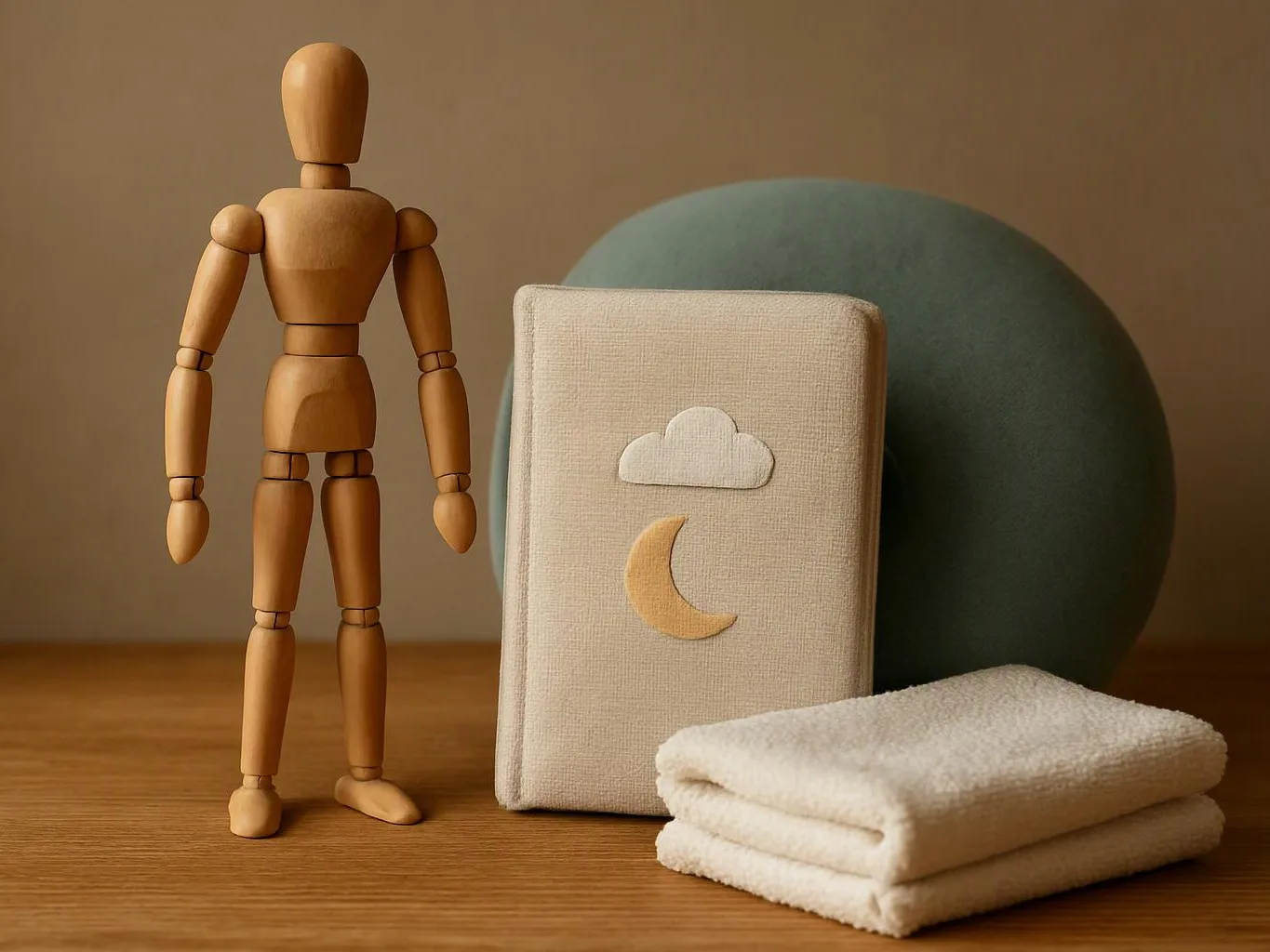 A wooden mannequin stands beside a fabric book, folded towels, and a round green backdrop on a wooden table