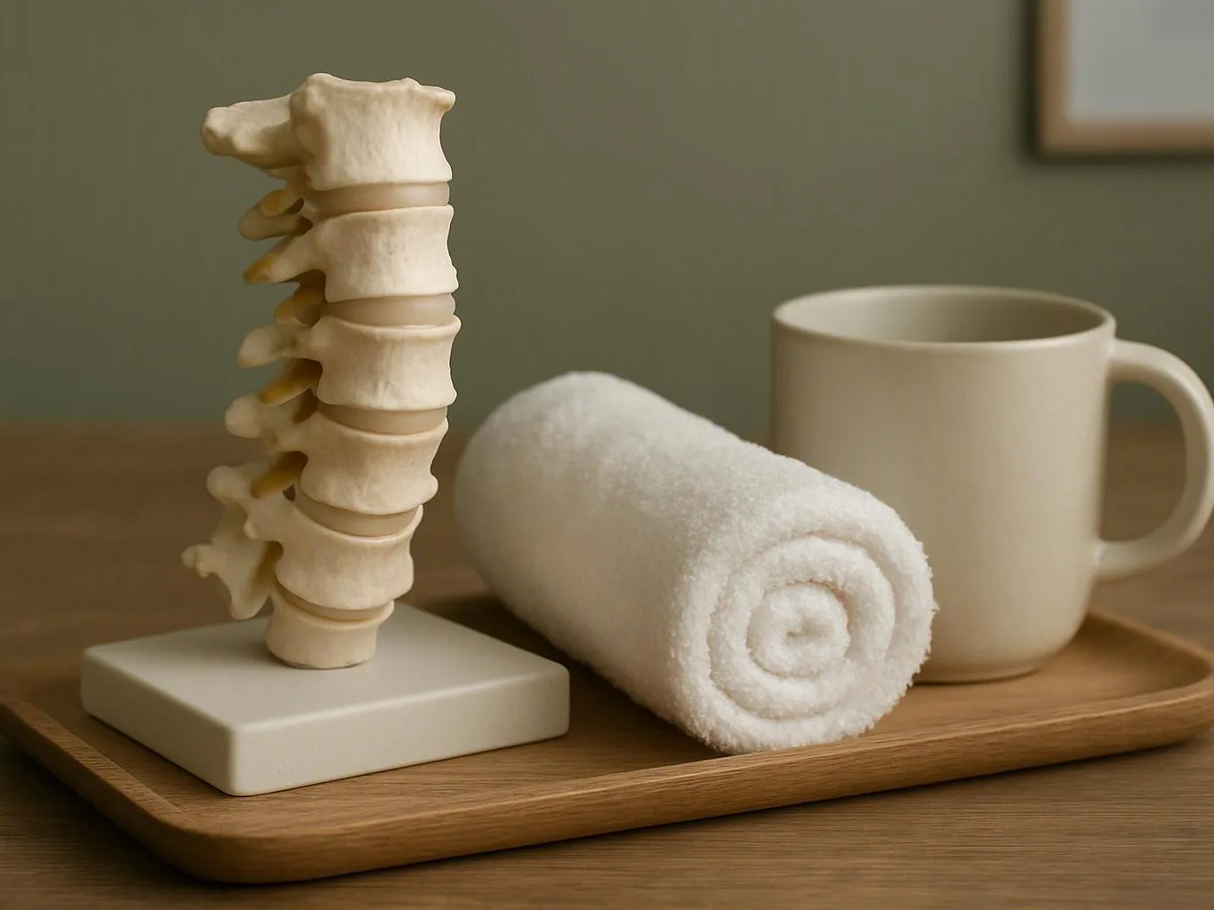 A wooden tray holds a spine model, a rolled white towel, and a beige mug on a table