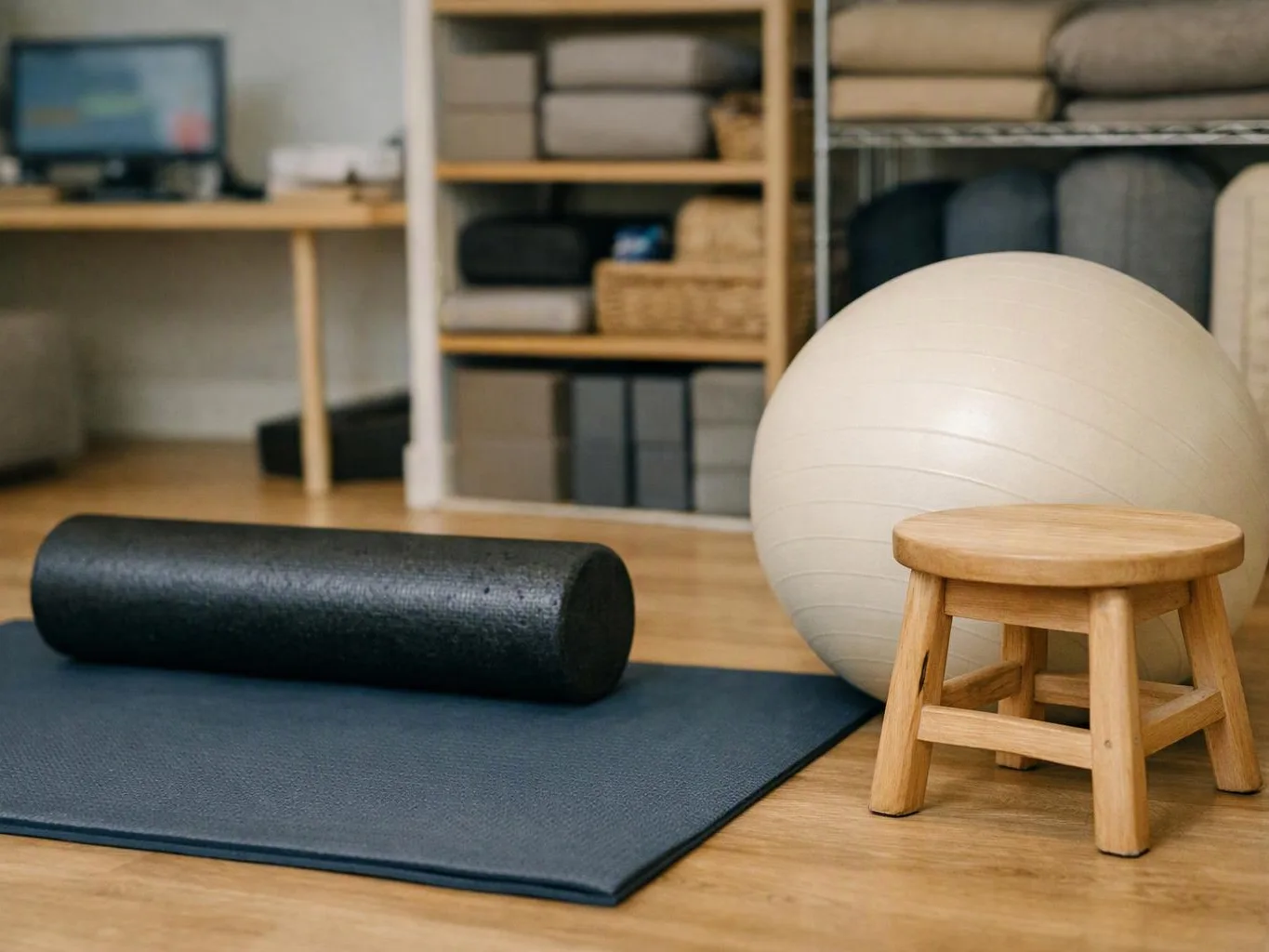 A yoga mat, foam roller, exercise ball, and wooden stool sit in a tidy workout room